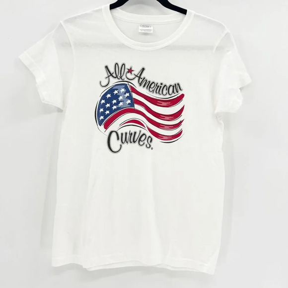 Vintage All American Curves Graphic Tee Womens Size S White Cotton Y2K USA Flag - Picture 1 of 4